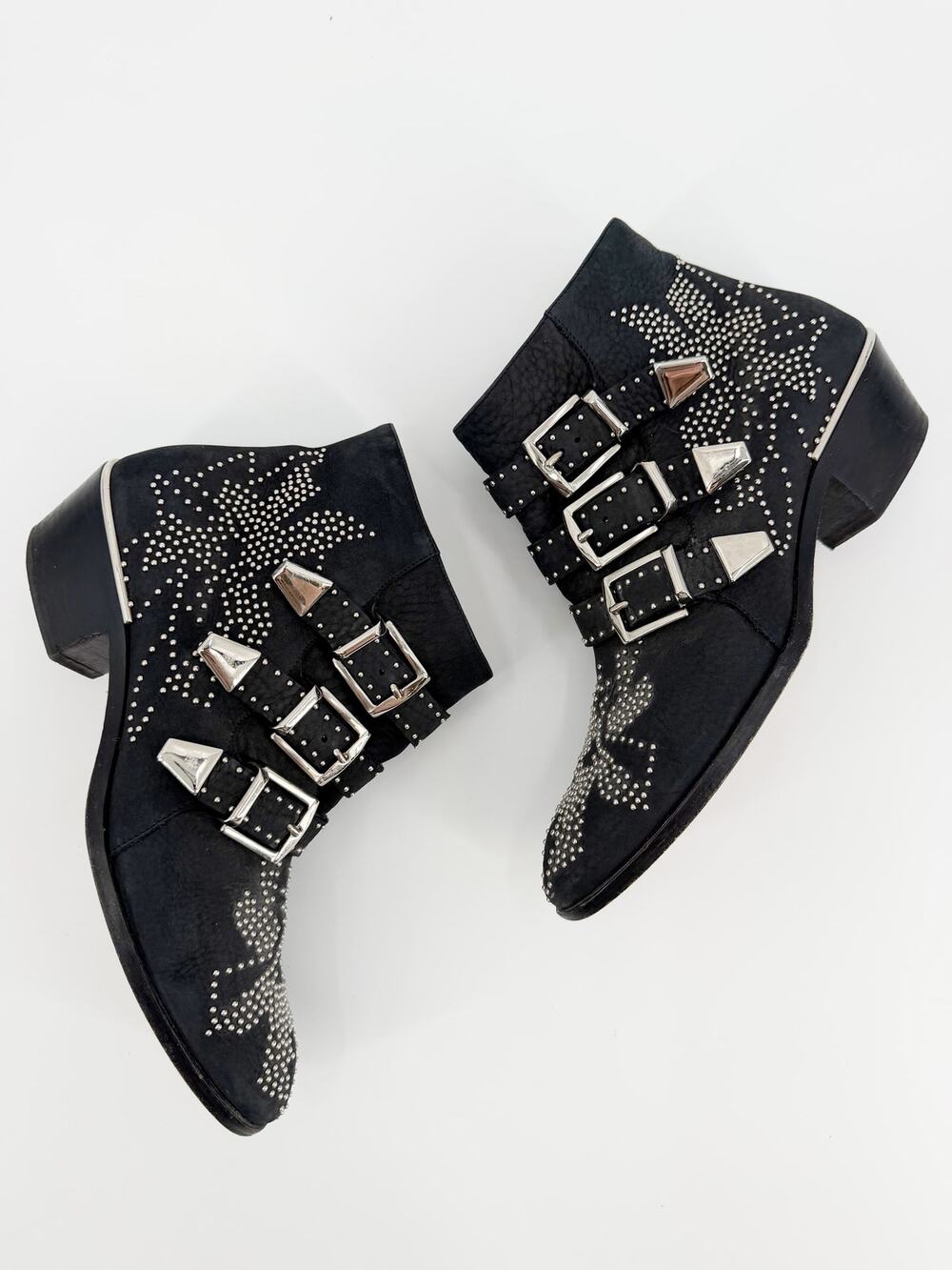 Chloe Susanna Black Leather Silver Studded Buckle Ankle Moto Boots 37.5 7.5